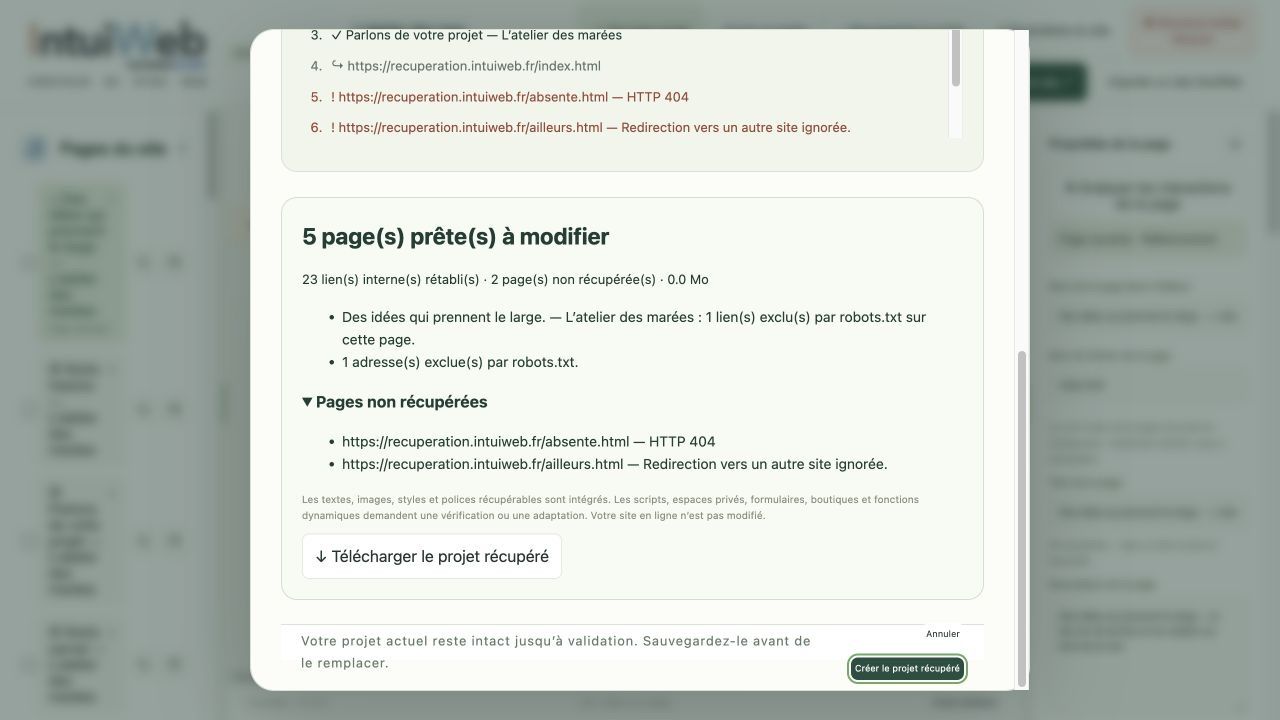 Analyser les pages publiques et préparer leur reprise.