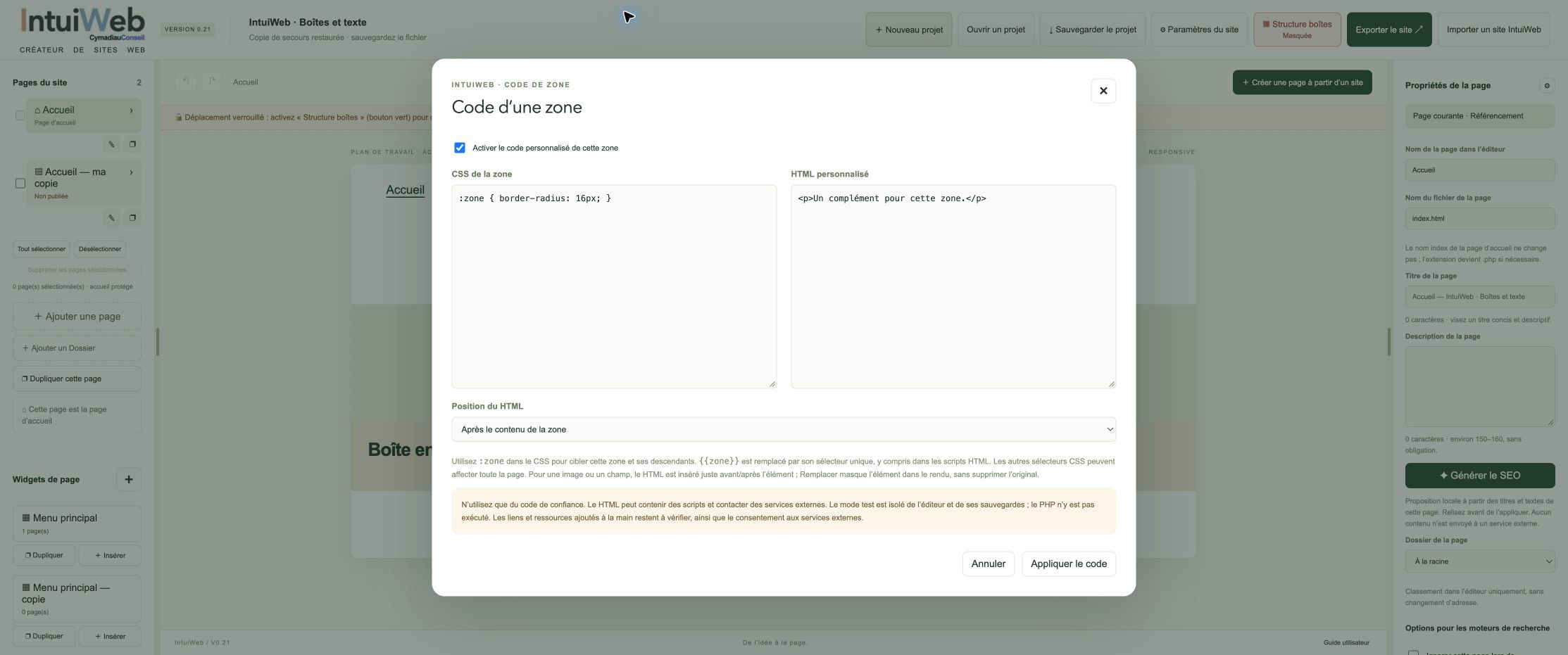 Le code propre à une zone et son mode d’insertion.