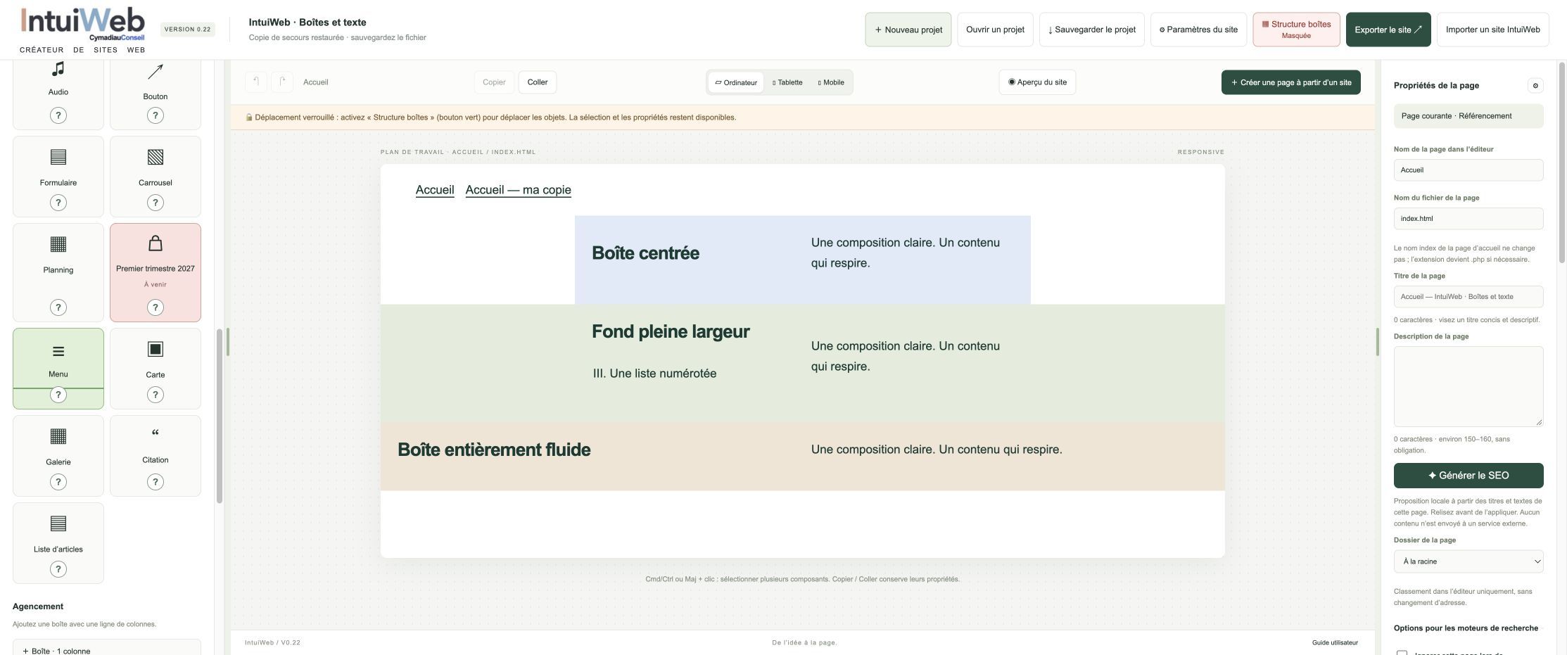 La palette des composants et leurs réglages.