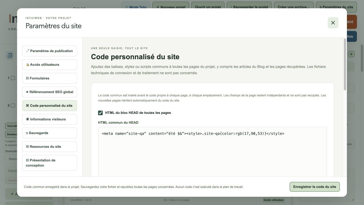 Le code commun du site, centralisé dans les paramètres.