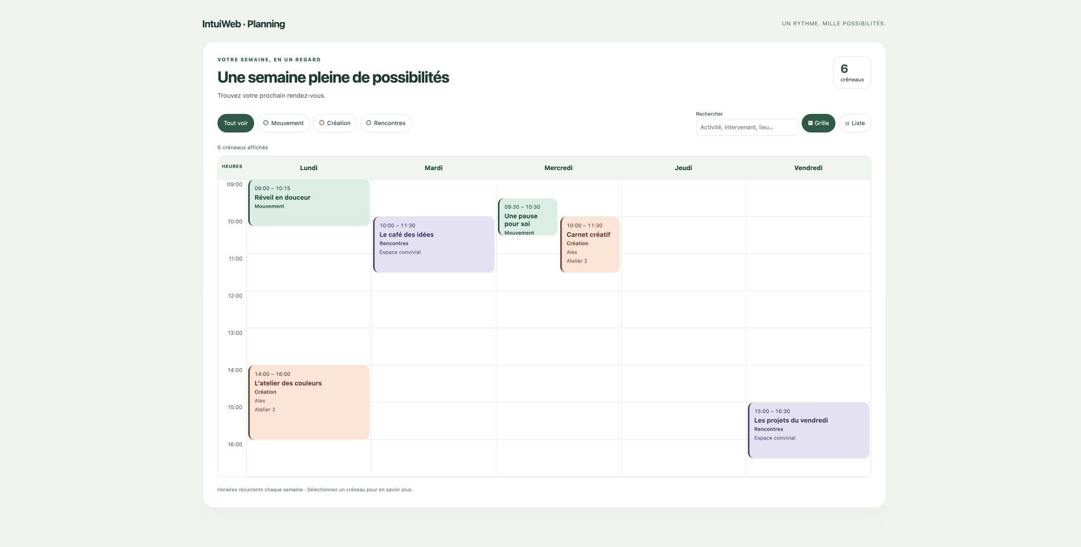 Le planning avec ses activités, filtres et créneaux.
