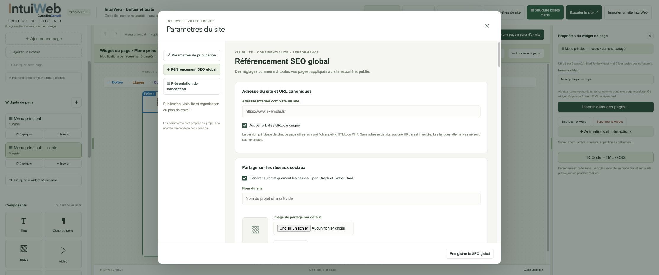 Régler les informations communes du site.